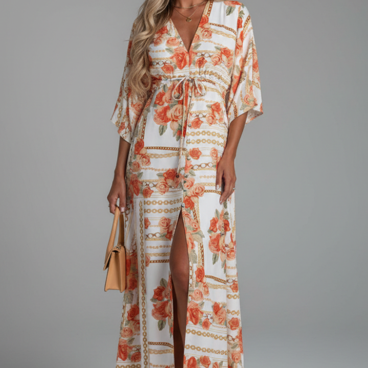 Women’s Maxi Dress with V Neckline and Tie Waist