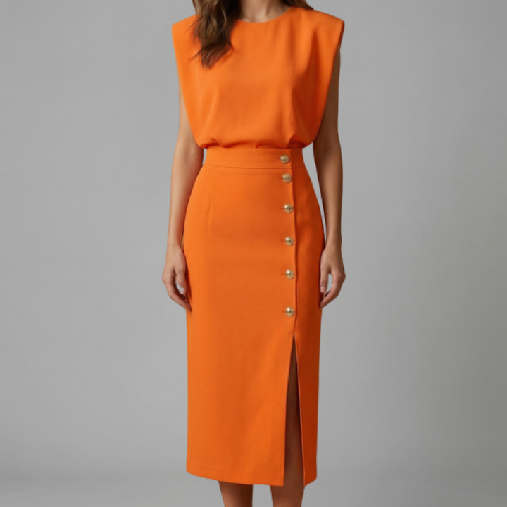 Women’s Midi Dress with Round Neck and Button Slit