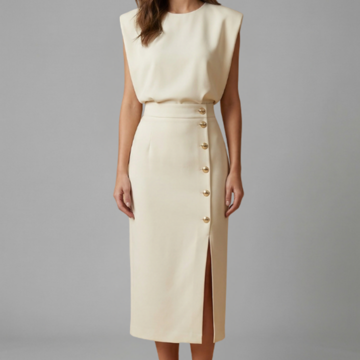 Women’s Midi Dress with Round Neck and Button Slit