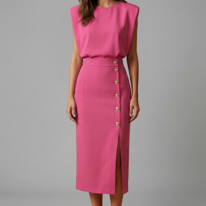 Women’s Midi Dress with Round Neck and Button Slit