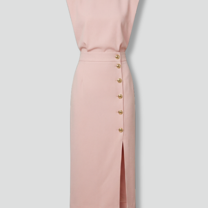 Women’s Midi Dress with Round Neck and Button Slit