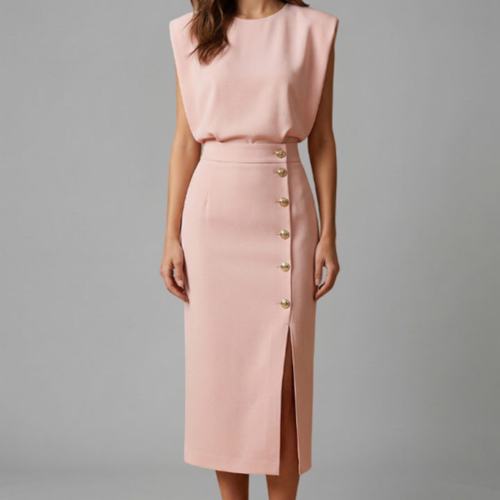 Women’s Midi Dress with Round Neck and Button Slit