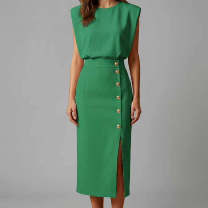 Women’s Midi Dress with Round Neck and Button Slit