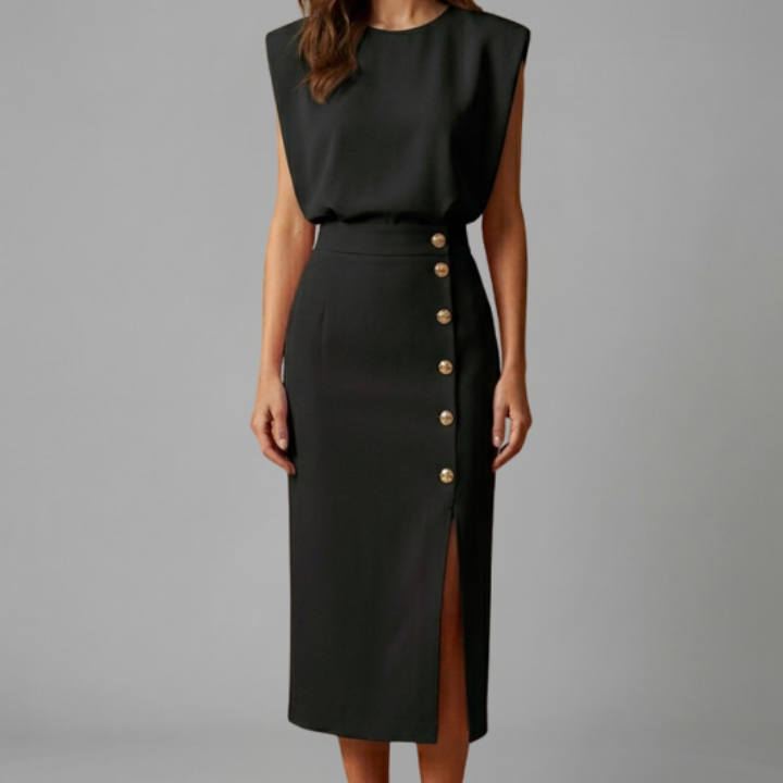 Women’s Midi Dress with Round Neck and Button Slit
