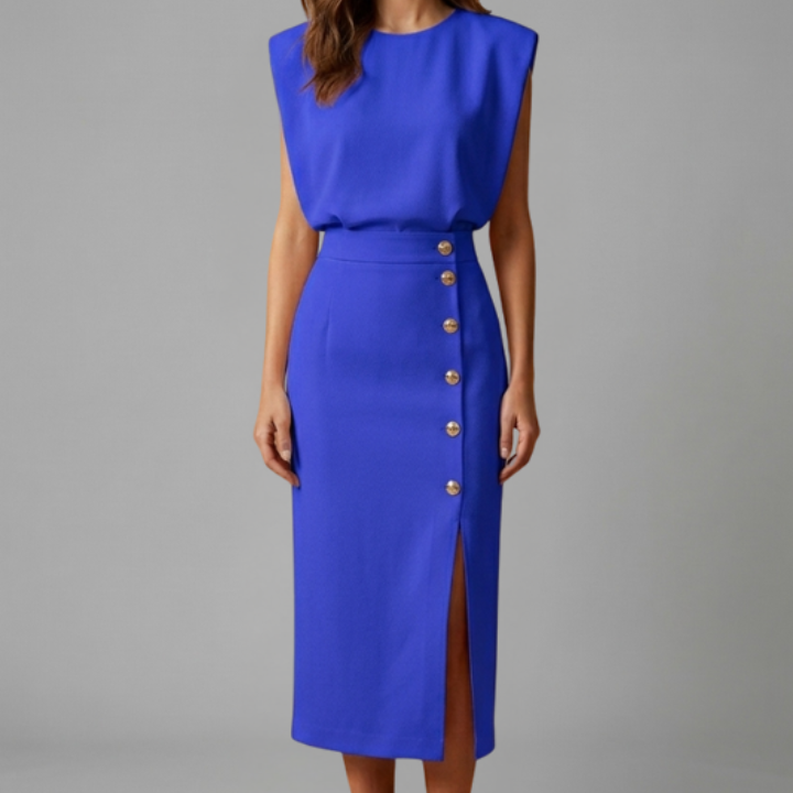 Women’s Midi Dress with Round Neck and Button Slit