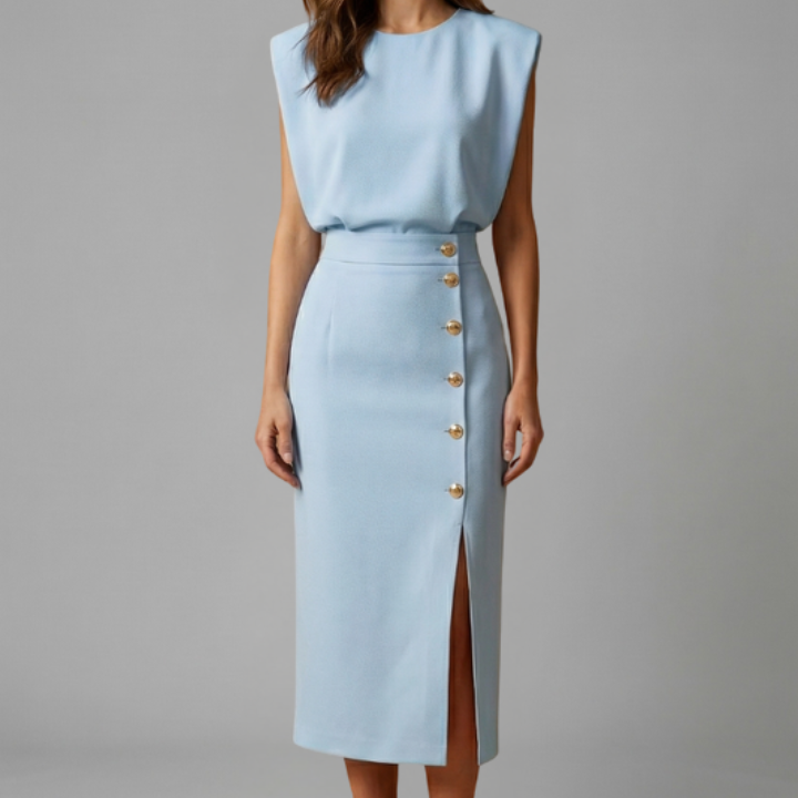 Women’s Midi Dress with Round Neck and Button Slit