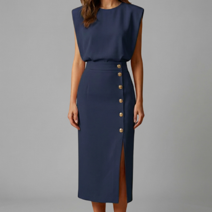 Women’s Midi Dress with Round Neck and Button Slit