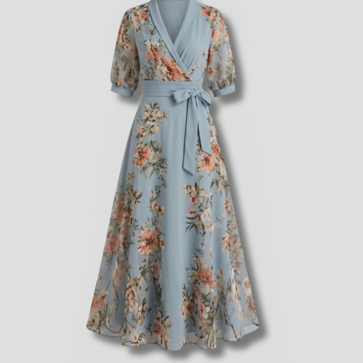 Women’s Midi Dress with V-Neck and Floral Pattern