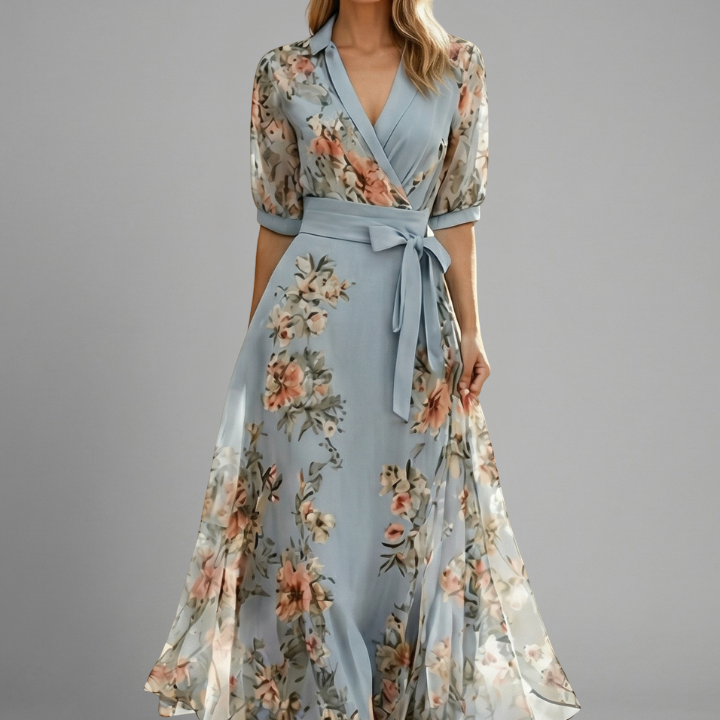 Women’s Midi Dress with V-Neck and Floral Pattern