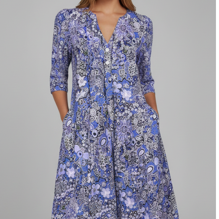 Women’s Midi Dress with V-Neck and Three-Quarter Sleeves