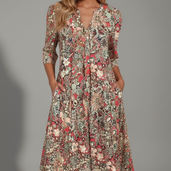 Women’s Midi Dress with V-Neck and Three-Quarter Sleeves