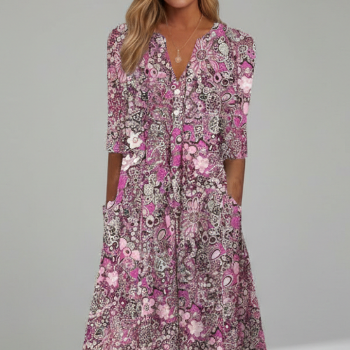 Women’s Midi Dress with V-Neck and Three-Quarter Sleeves