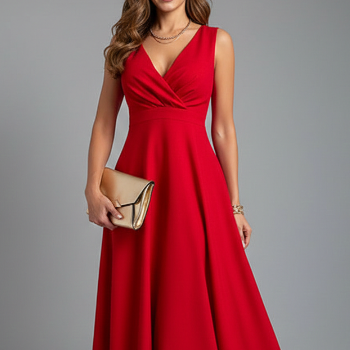 Women’s Midi Dress with V-Neck and Zip Closure