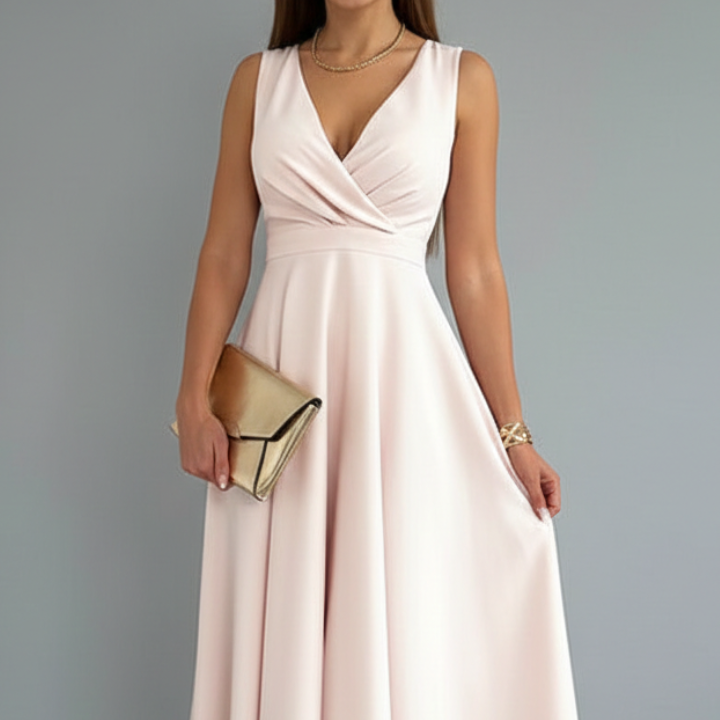 Women’s Midi Dress with V-Neck and Zip Closure