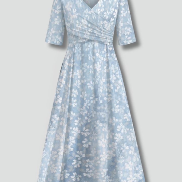 Women’s Midi Dress with V-Neckline and Side Pockets
