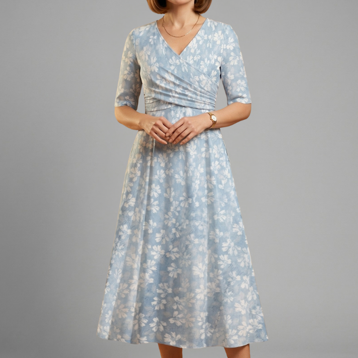 Women’s Midi Dress with V-Neckline and Side Pockets