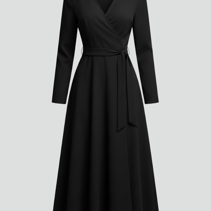 Women’s Midi Dress with V-Shaped Neckline and Long Sleeves