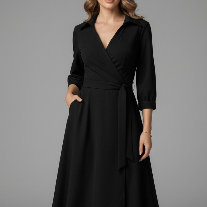 Women’s Midi Dress with V-Shaped Neckline and Long Sleeves