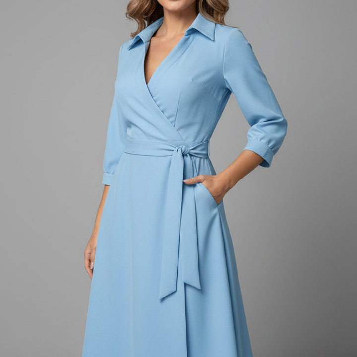 Women’s Midi Dress with V-Shaped Neckline and Long Sleeves
