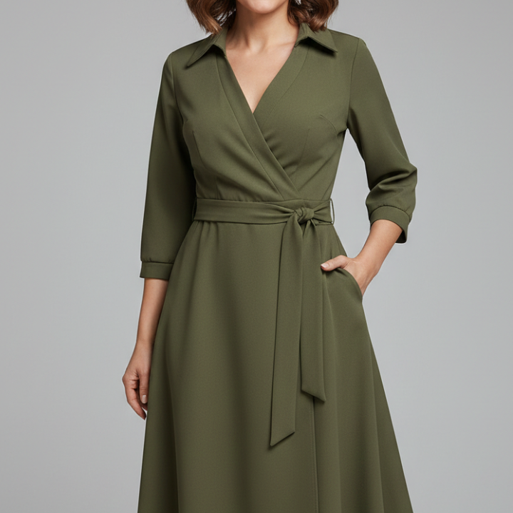 Women’s Midi Dress with V-Shaped Neckline and Long Sleeves