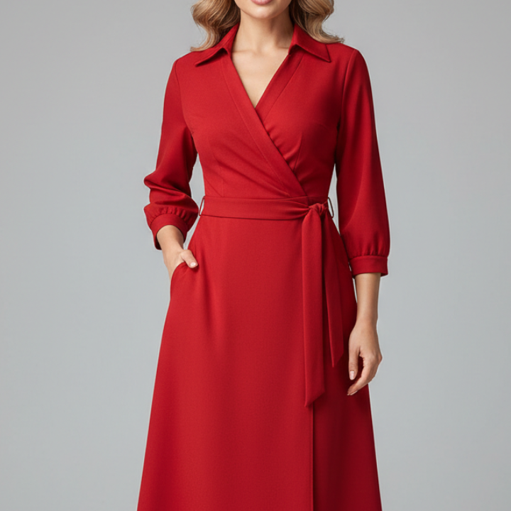 Women’s Midi Dress with V-Shaped Neckline and Long Sleeves