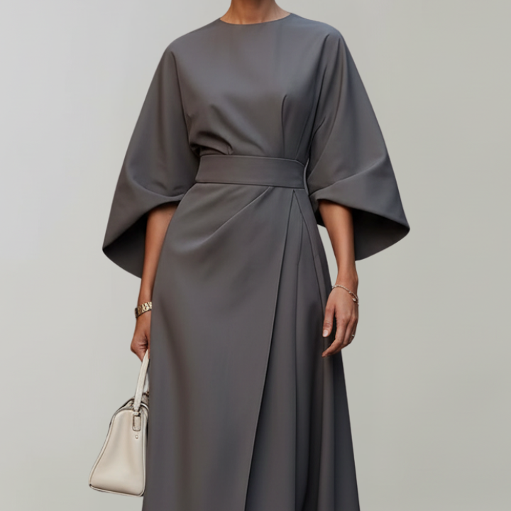 Women’s Midi Dress with Wide Sleeves and Belted Waist