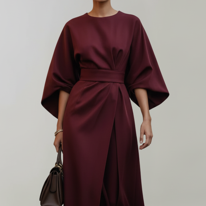 Women’s Midi Dress with Wide Sleeves and Belted Waist