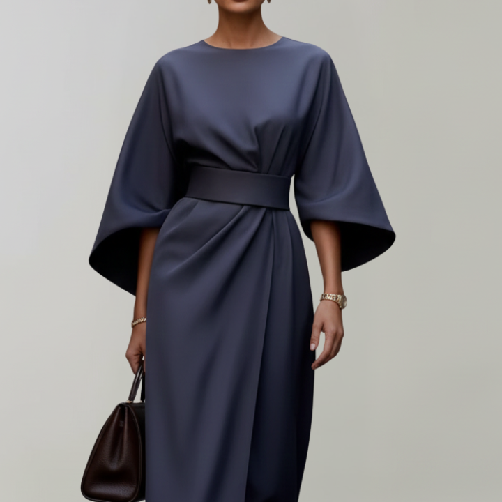 Women’s Midi Dress with Wide Sleeves and Belted Waist