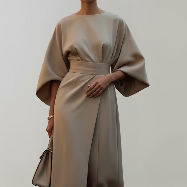 Women’s Midi Dress with Wide Sleeves and Belted Waist