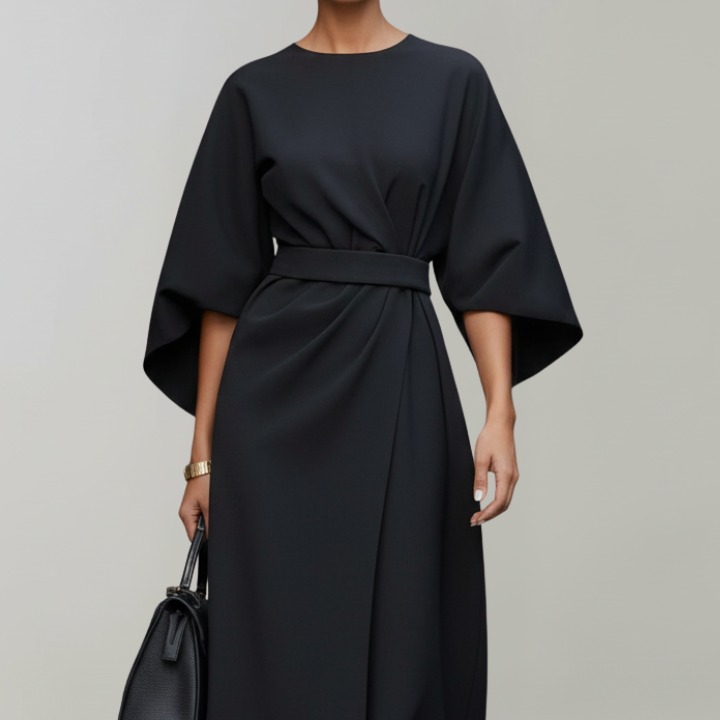 Women’s Midi Dress with Wide Sleeves and Belted Waist
