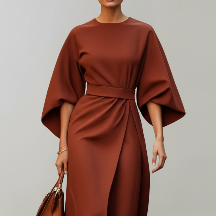 Women’s Midi Dress with Wide Sleeves and Belted Waist