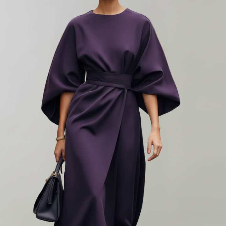 Women’s Midi Dress with Wide Sleeves and Belted Waist