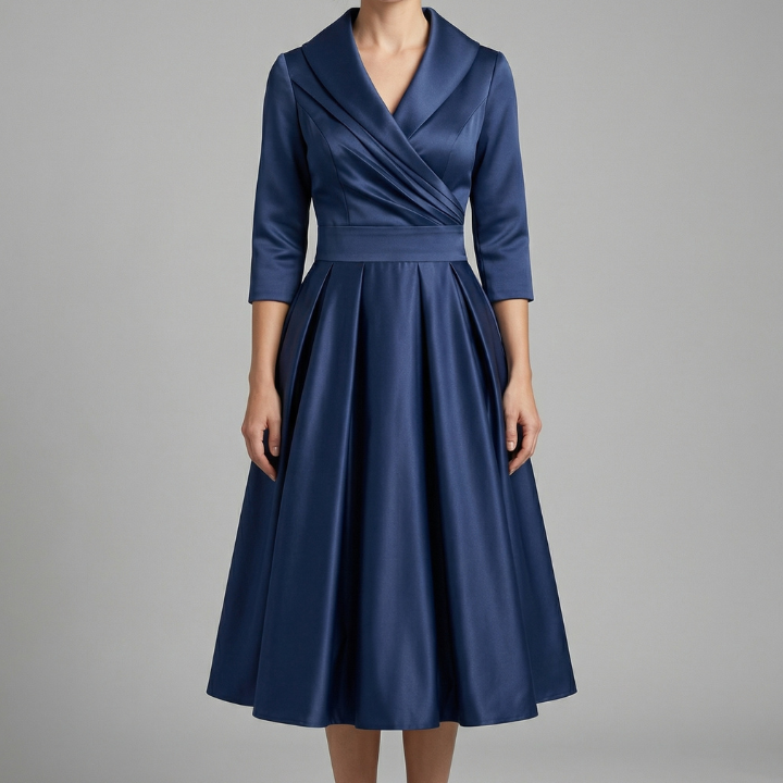 Women’s Midi Dress with Wrap Neck and Pleated Skirt