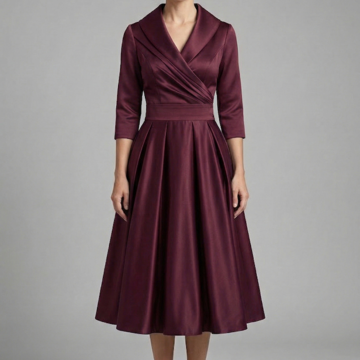 Women’s Midi Dress with Wrap Neck and Pleated Skirt