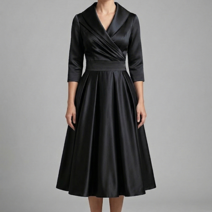 Women’s Midi Dress with Wrap Neck and Pleated Skirt