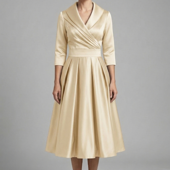 Women’s Midi Dress with Wrap Neck and Pleated Skirt