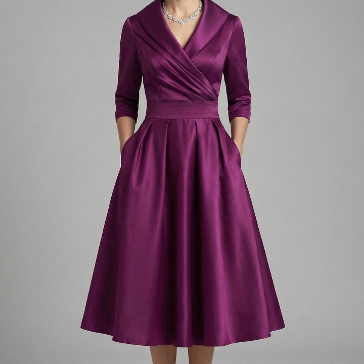 Women’s Midi Dress with Wrap Neck and Pleated Skirt