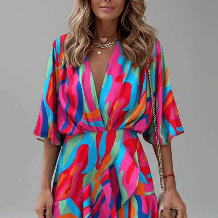 Women’s Mini Dress with Batwing Sleeves and Waist Tie