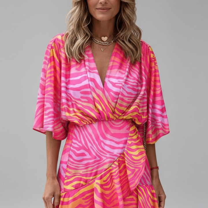 Women’s Mini Dress with Batwing Sleeves and Waist Tie