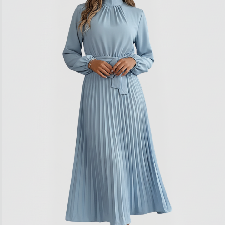 Women’s Pleated Dress with Long Sleeves and Waist Tie
