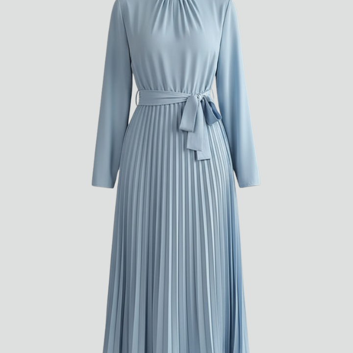 Women’s Pleated Dress with Long Sleeves and Waist Tie