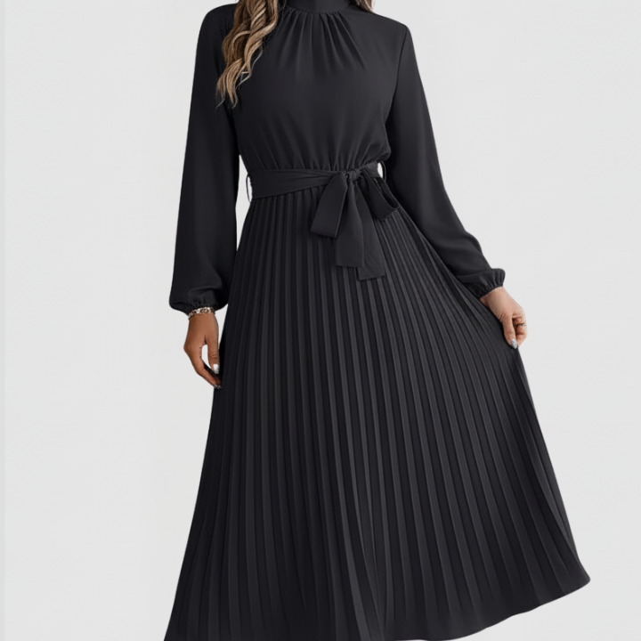 Women’s Pleated Dress with Long Sleeves and Waist Tie