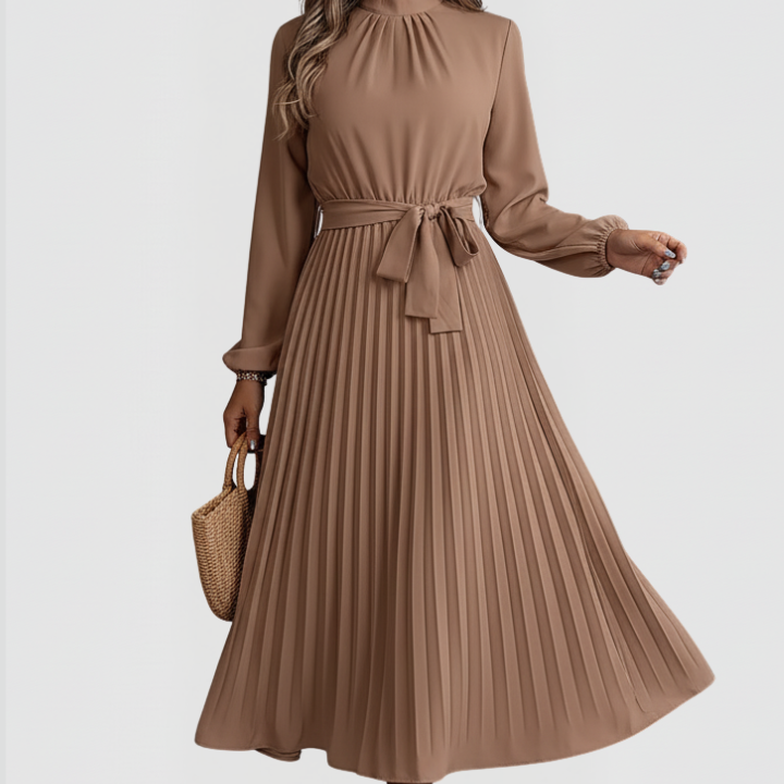 Women’s Pleated Dress with Long Sleeves and Waist Tie