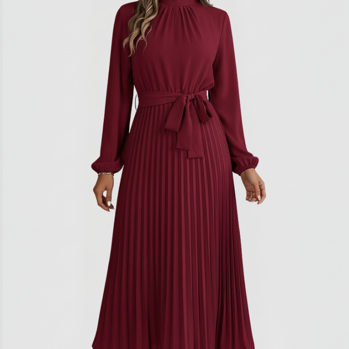 Women’s Pleated Dress with Long Sleeves and Waist Tie
