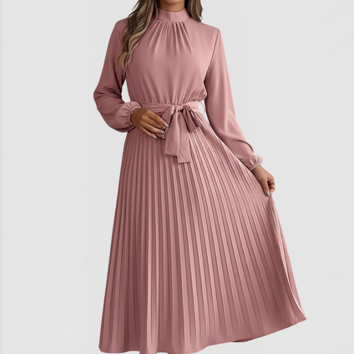 Women’s Pleated Dress with Long Sleeves and Waist Tie
