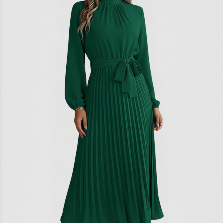 Women’s Pleated Dress with Long Sleeves and Waist Tie