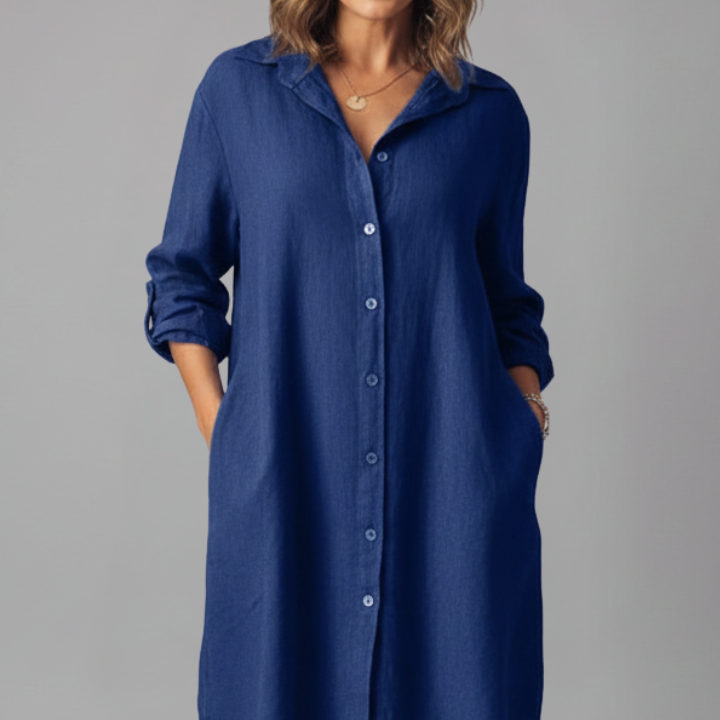 Women’s Shirt Dress with Turned Collar and Button Closure