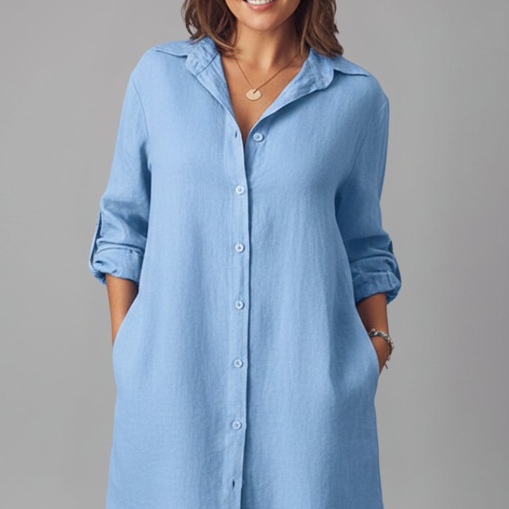 Women’s Shirt Dress with Turned Collar and Button Closure