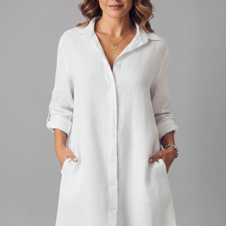 Women’s Shirt Dress with Turned Collar and Button Closure