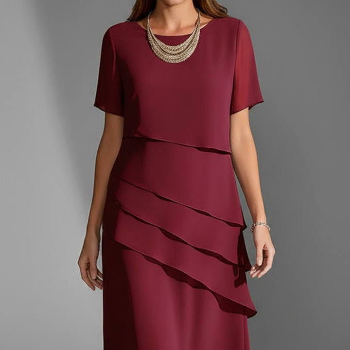 Women’s Short Sleeve Dress with Layered Front and Straight Hem